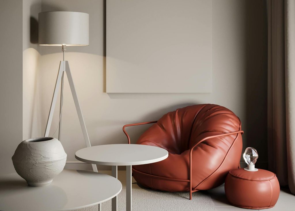 Noapaļota stila viesistabas interjers